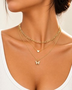 Authentic Layered Butterfly Necklace 14K Gold Plated Heart Pendant Triple Chain Choker