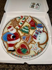 2003 Peggy Karr Fused Glass Plate Christmas Holiday Cookies Santa Snowman 13.75”