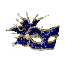 Blue/Gold Brocade Venetian Masquerade Half Mask on Headband Halloween Accessory