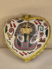 Egyptian Themed Heart Shaped Gold Tone Trimmed Hinge Trinket Box