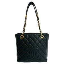 CHANEL Matelasse Coco Mark Caviar Leather Chain Tote Bag Handbag Black 26338
