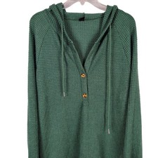 Womens L Waffle Knit Henley Hoodie Green Textured Gorpcore Casual Pullover