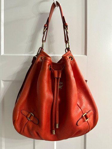 MCM Authentic Coral Embossed Logo 2 Way Bucket Drawstring Shoulder Crossbody bag