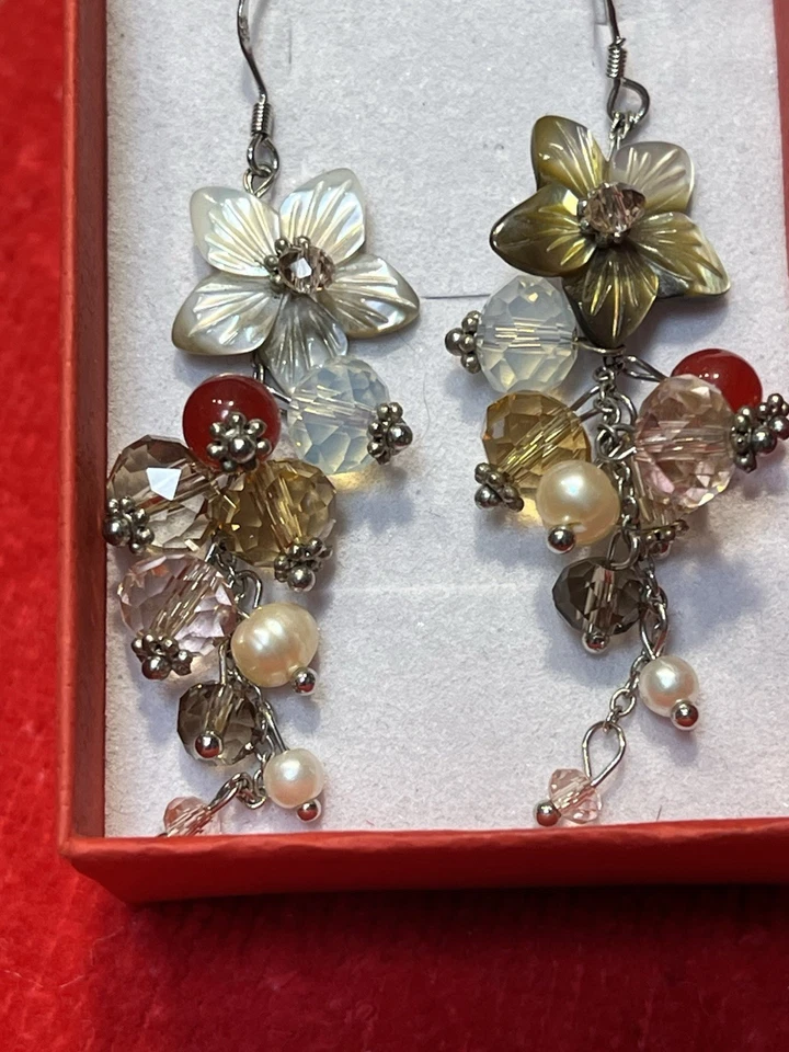 Pendientes colgantes de plata de ley 925 de colección concha flor, cornalina, perlas y cuentas de vidrio Foto 4 de 4