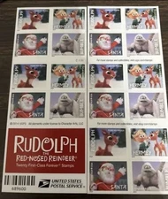 100 , 5 sheets of 20 Forever First Class Rudolph, Bumble Santa Christmas stamps 