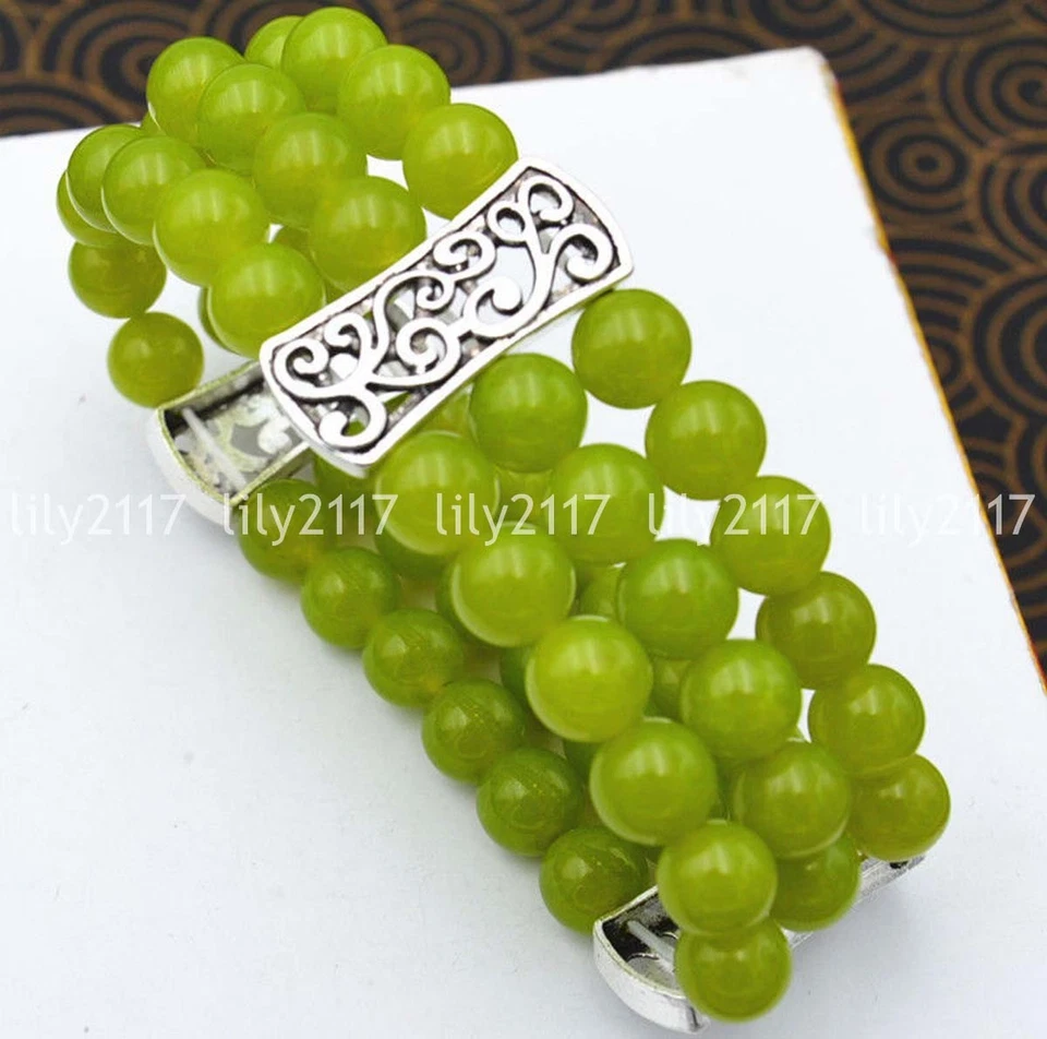 Brazalete de gemas de plata tibetana elástica con cuentas de peridoto de 8 mm naturales de 3 filas 7,5"" AAA Foto 3 de 3