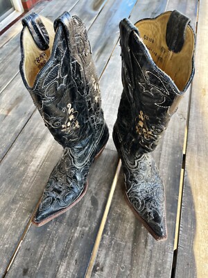 Corral Women's Lizard Inlay Distressed Black Cowboy Western Boots