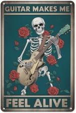 Rock Music Metal Wall Decor 8X12IN Retro Skeleton Guitar Plaque for Music Studio