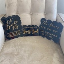 Set of 3 Acrylic wedding signs black / gold and 2 black metal stands