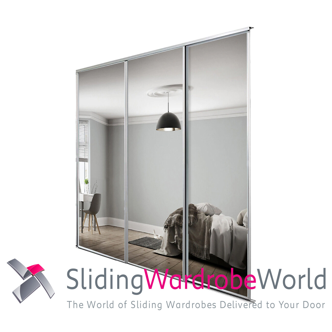 Spacepro Sliding Wardrobe Doors, Silver Frame Mirror, 226cm x 239cm 11 SpacePro SILVER Framed Mirror Sliding Wardrobe Door Kits - (All sizes)