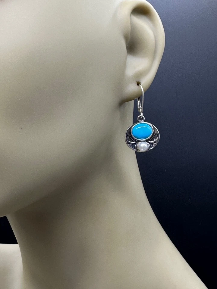 ESTATE STERLING SILVER TURQUOISE HOWLITE CABOCHON PEARL DROP SIGNED EARRINGS - Image 2 of 4
