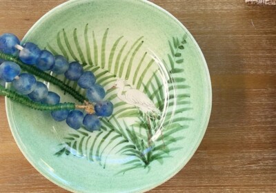 Vintage Crane Art Pottery Bowl- Signed Palm Fronds, Green, Tropical Decor, Bird