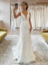 Lace Applique Satin Wedding Dresses V-Neck Long Sleeve Bridal Gowns Plus Size