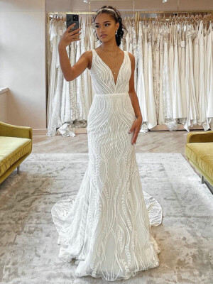 slim fit dress slacks Mermaid V-Neck Sweep Trian White Satin Backless Wedding Dress WD219 US10 / Ivory