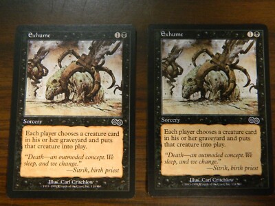 mtg cards like exhume Urza's Saga 134/335 Regular Common Each player puts a creature card from his or her graveyard onto the battlefield. Exhume | Urza's Saga -