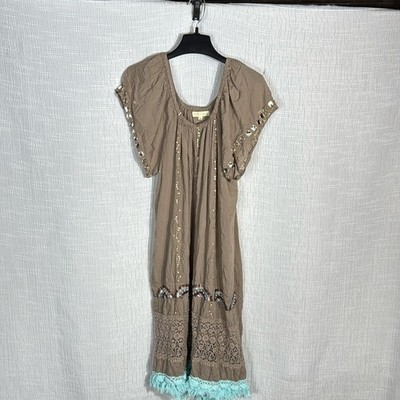 RUBYYAYA Embellished Boho Midi Dress Beaded Crochet Trim Off Shoulder Viscose S
