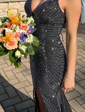 Women's Black Sequin V-Neck Backless Lace-Up Long Gown Side Slit Size M
