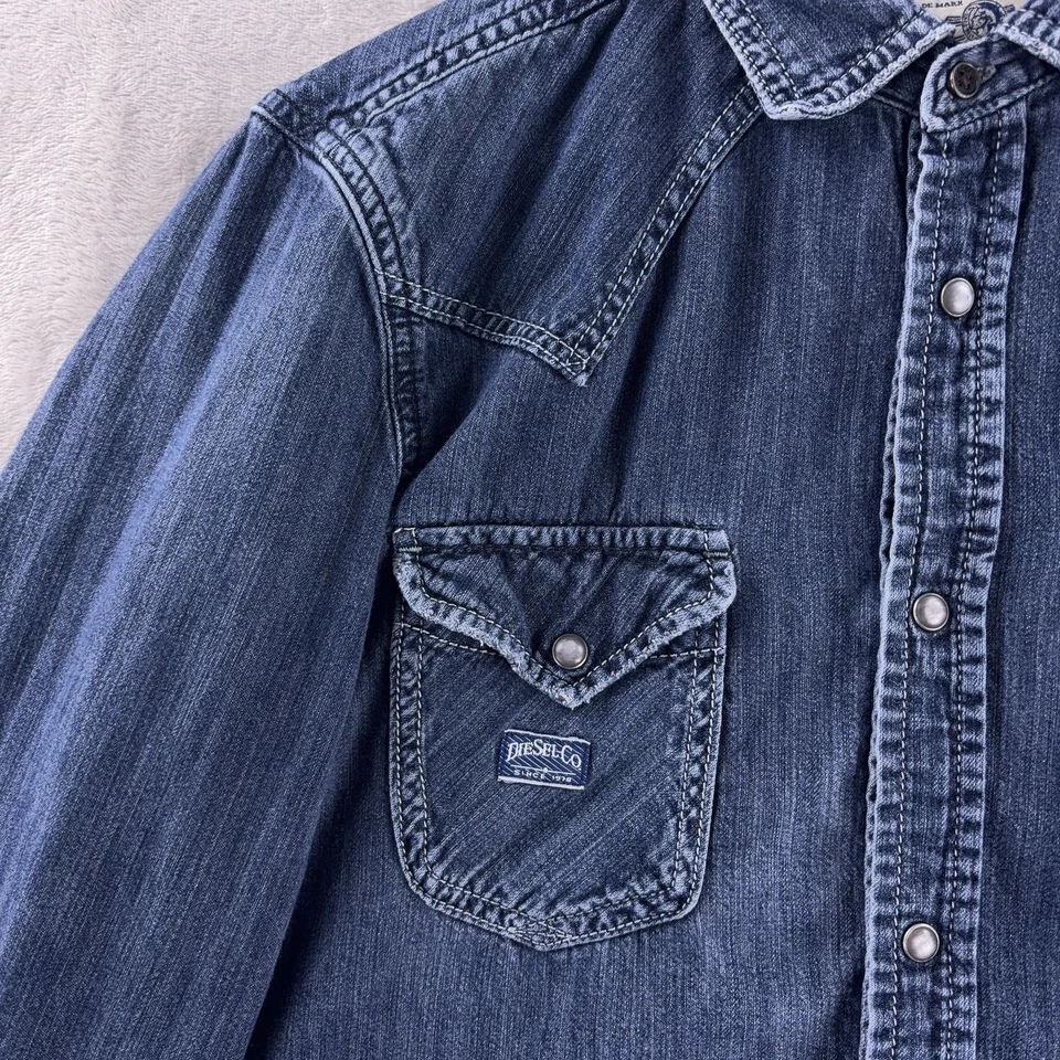 Camisa vaquera Diesel Industry para hombre talla mediana azul algodón a presión occidental Foto 4 de 4