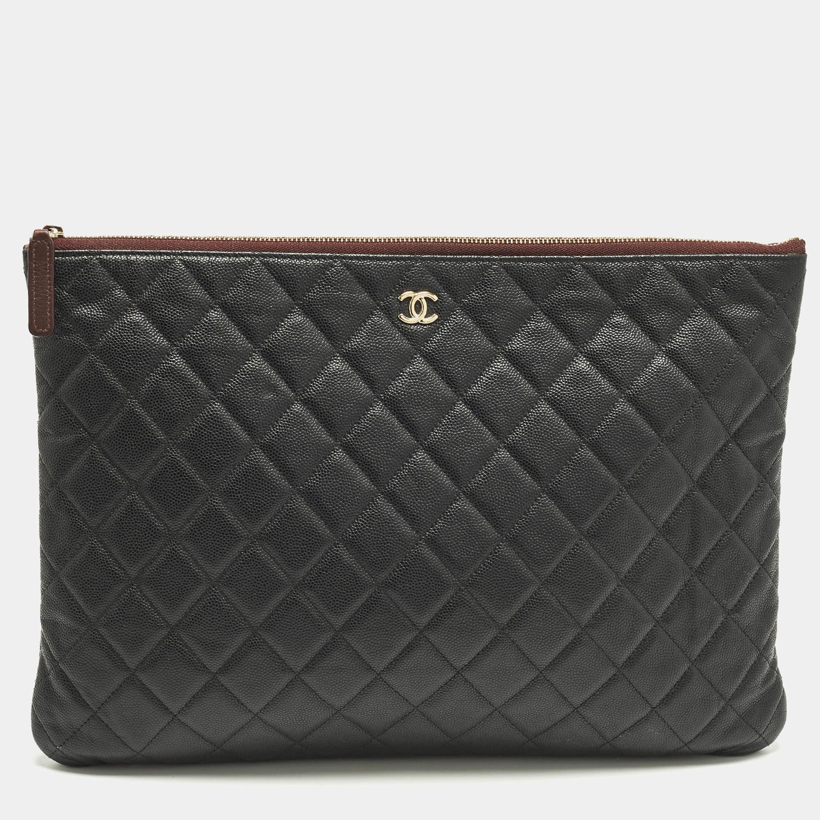 Chanel O Case Large Black Quilted Caviar Leather Zip Pouch Clutch