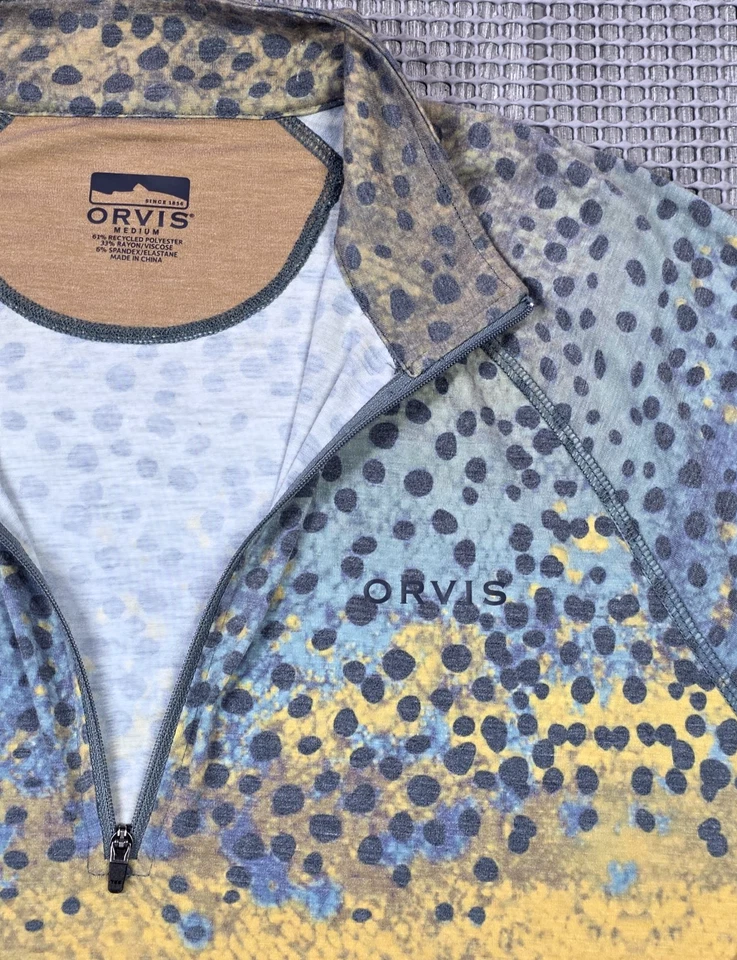 Camisa Pullover Orvis Dricast Cuarto Cremallera Manga Larga M Marrón Estampado Trucha UPF Foto 4 de 4