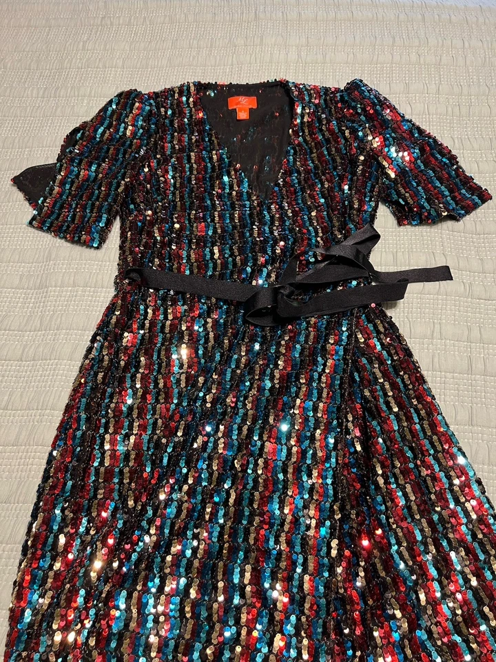 Monique lhuillier красный синий черный тяжелый блестки надежном платье Новый год вечеринки размер 4 - Изображение 2 из 4