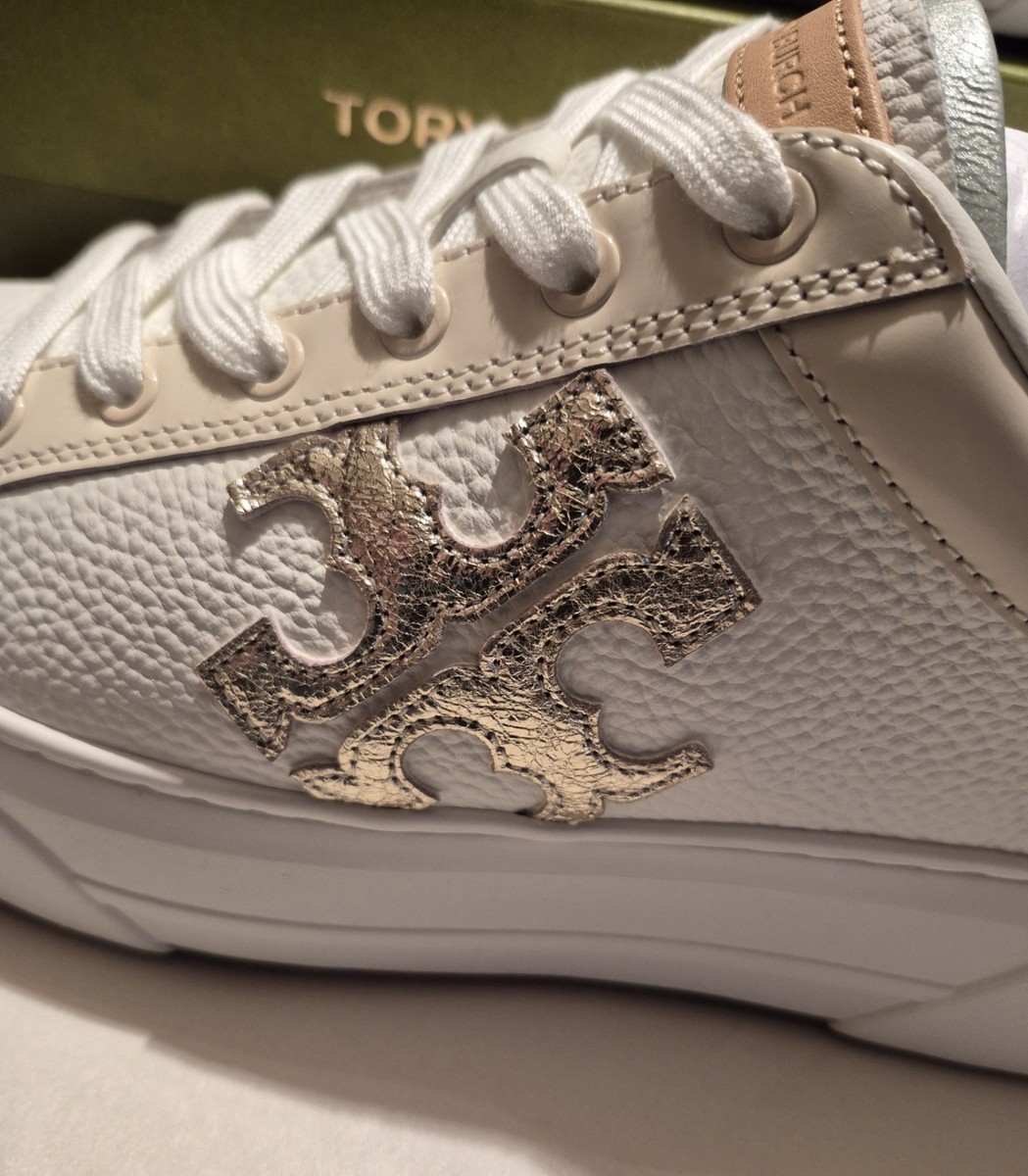 TORY BURCH PLATFORM SNEAKERS IN PURITY/WHITE GOLD/MINT DROP;SZ 9M