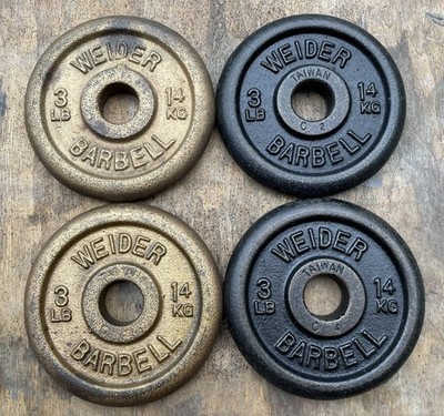 Weider 3 lb Barbell Weight Plates, made n TAIWAN, standard 1'', x 4 = 12 lb total