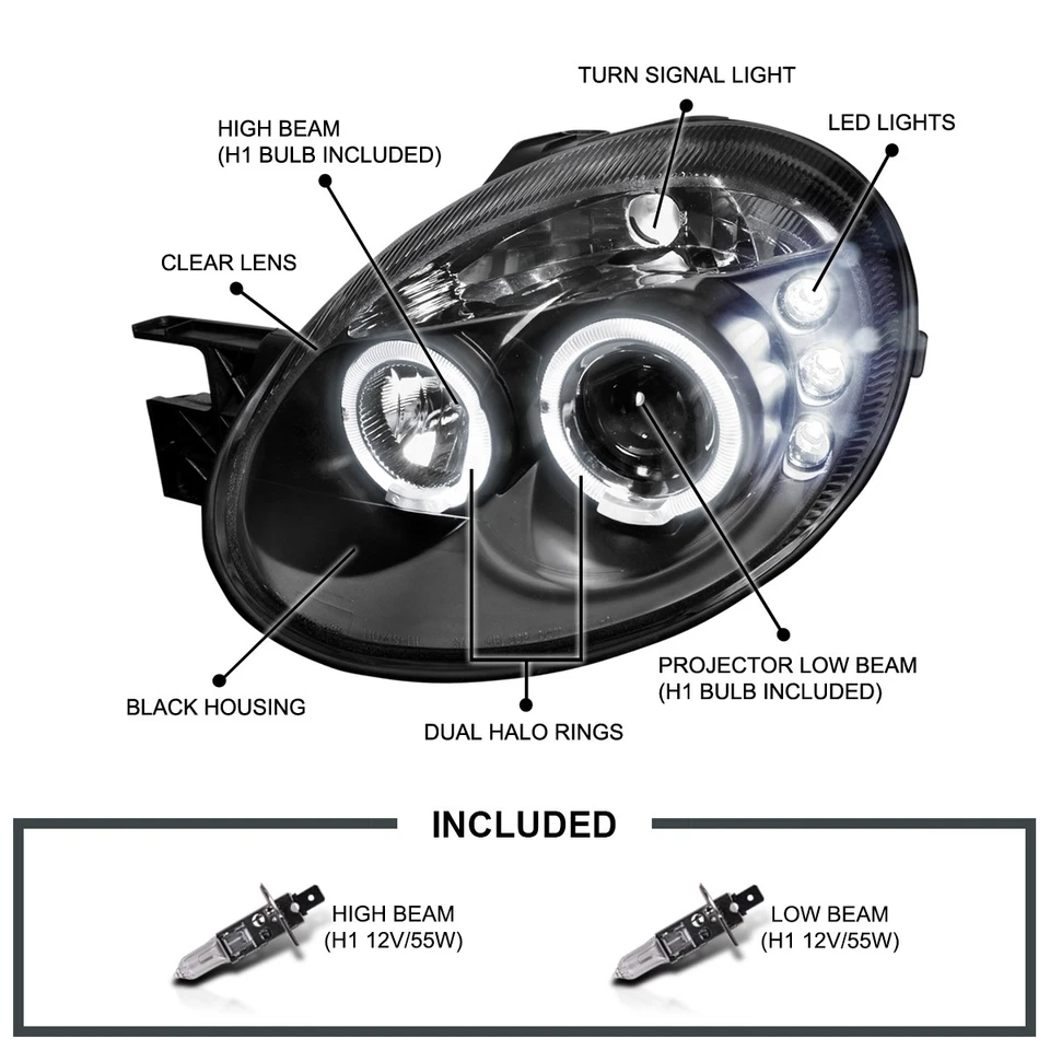Black Fits 2003-2005 Dodge Neon LED Halo Projector Headlights Lamp Left+Right — 第 3/4 张图片