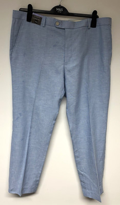 New M&S Marks & Spencer W40'' L29'' light blue mix Linen Miracle tailored trousers