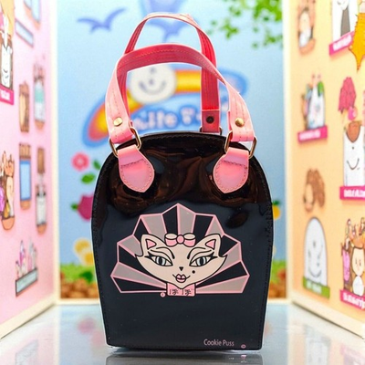 #ad Vintage Cookie Puss Patent Leather Top Handle Handbag Black Pink Kawaii Cat 90s $179.34
