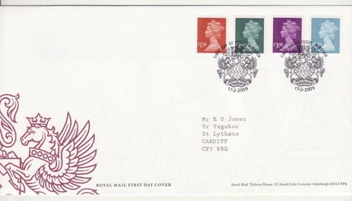 GB Stamps First Day Cover Machin Definitive High values£1.50 to £5 (4) SHS 2009