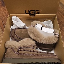 UGG Women's Brown Suede Shearling Slip-On Slippers Fur Trim Comfort Lined
