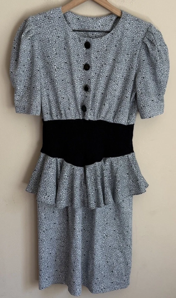 Vestido Peplum Vintage Años 80 90 Tejido Mujer Talla Mediana 8 10 Midi Botón De Colección Foto 2 de 4