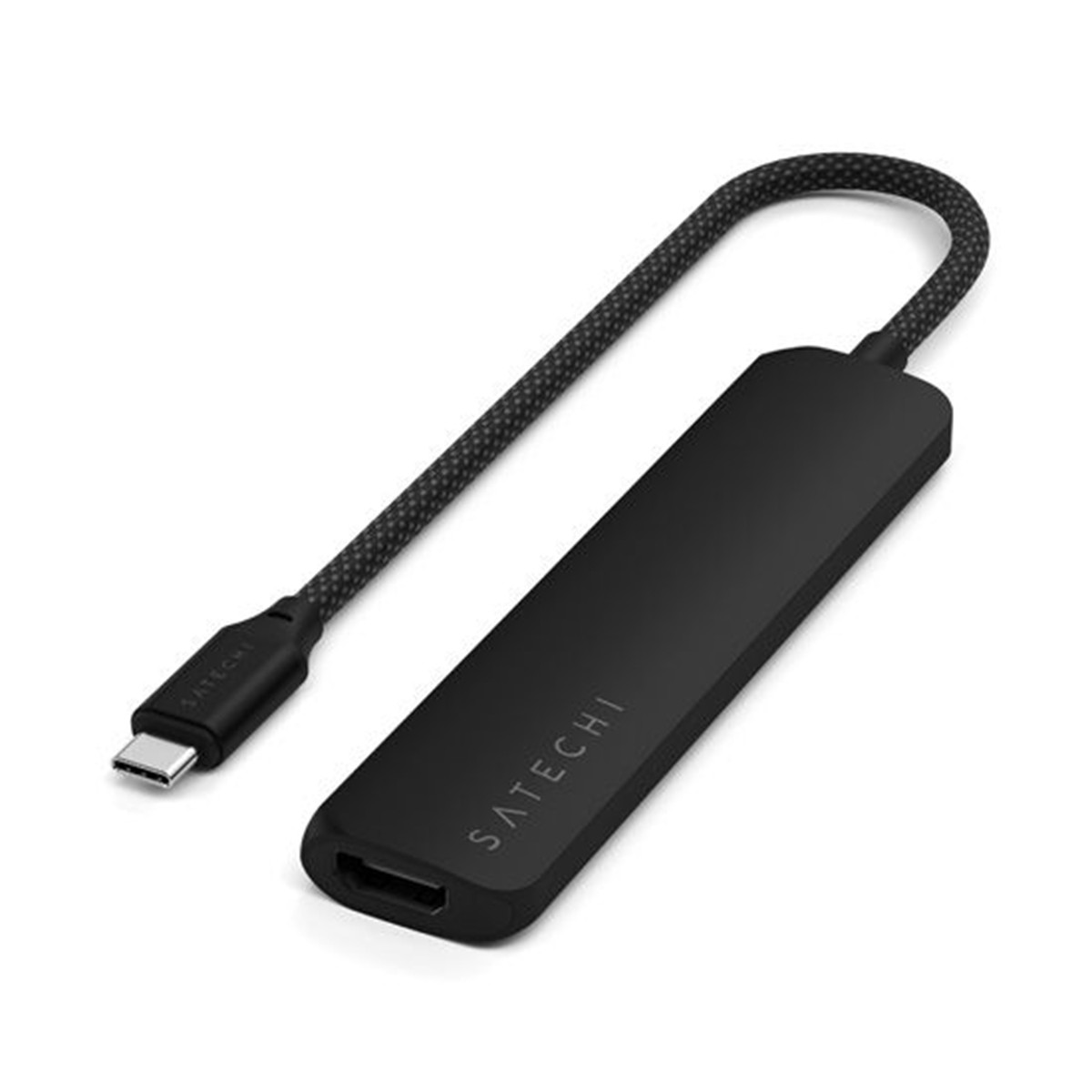 Hub USB-C 6-en-1 compact noir idéal pour le télétravail et les présentations vidéo en voyage