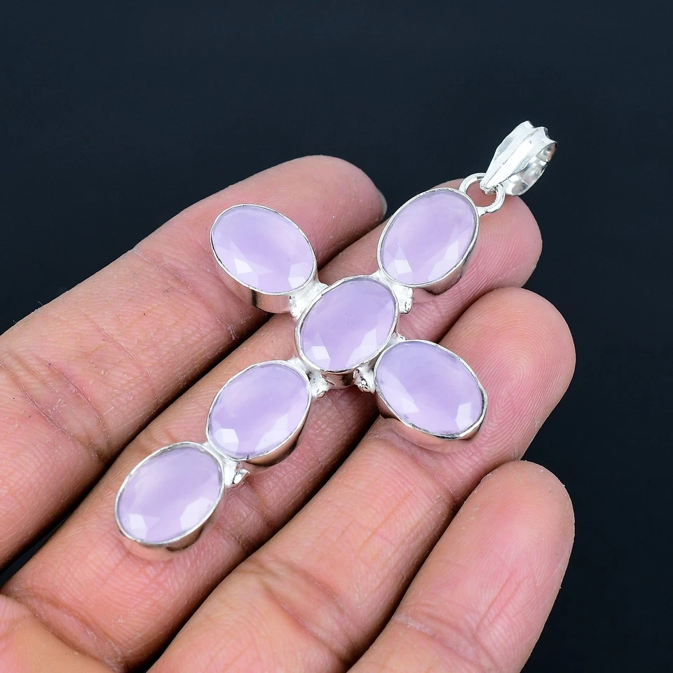 Ciondolo croce regalo ovale pietra preziosa argento sterling 925 calcedonio... - Immagine 3 di 4