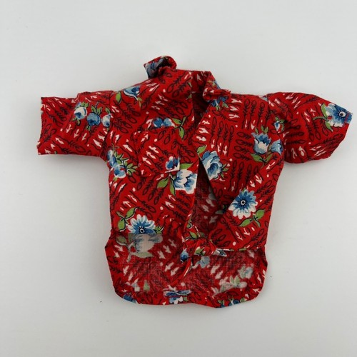 Vintage Barbie Red Hawaiian Shirt Tie Front Blue Floral Top Doll Clothes