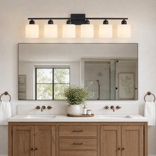 39 inch Bathroom Black Milk Glass LED Vanity 6 Light Mirror Wall Sconce Fixture