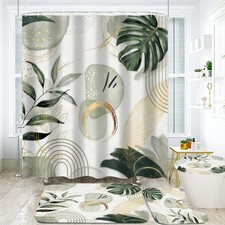 4Pcs Green Leaves Shower Curtain Set with Rugs Boho Bathroom Set