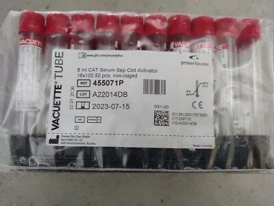 QTY 50 Vacuette Tubes 455071P 8ml CAT Serum Clot Activator Non Ridged Exp 7-2023