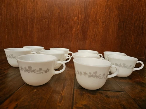 10  Pc Corning Pyrex / Cor Grey Flower Ribbon Bouquet Coffee Tea Cups milk glass