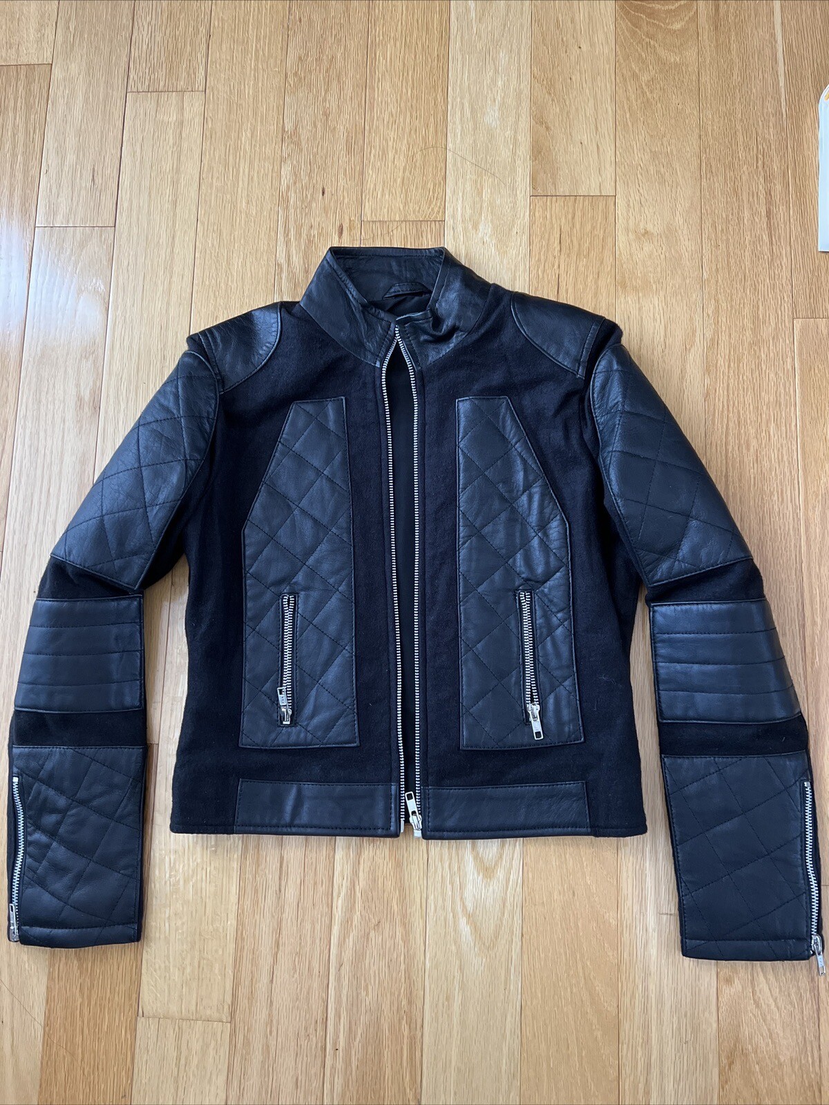 Rare Women'S Black Quilted Biker Genuine Leather Jacket with Wool Accent Small