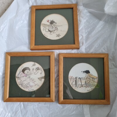 Kinderzimmer Zeichnungen Tiere Dachs Igel & Maus X3 Bryan Hall gerahmt Original 