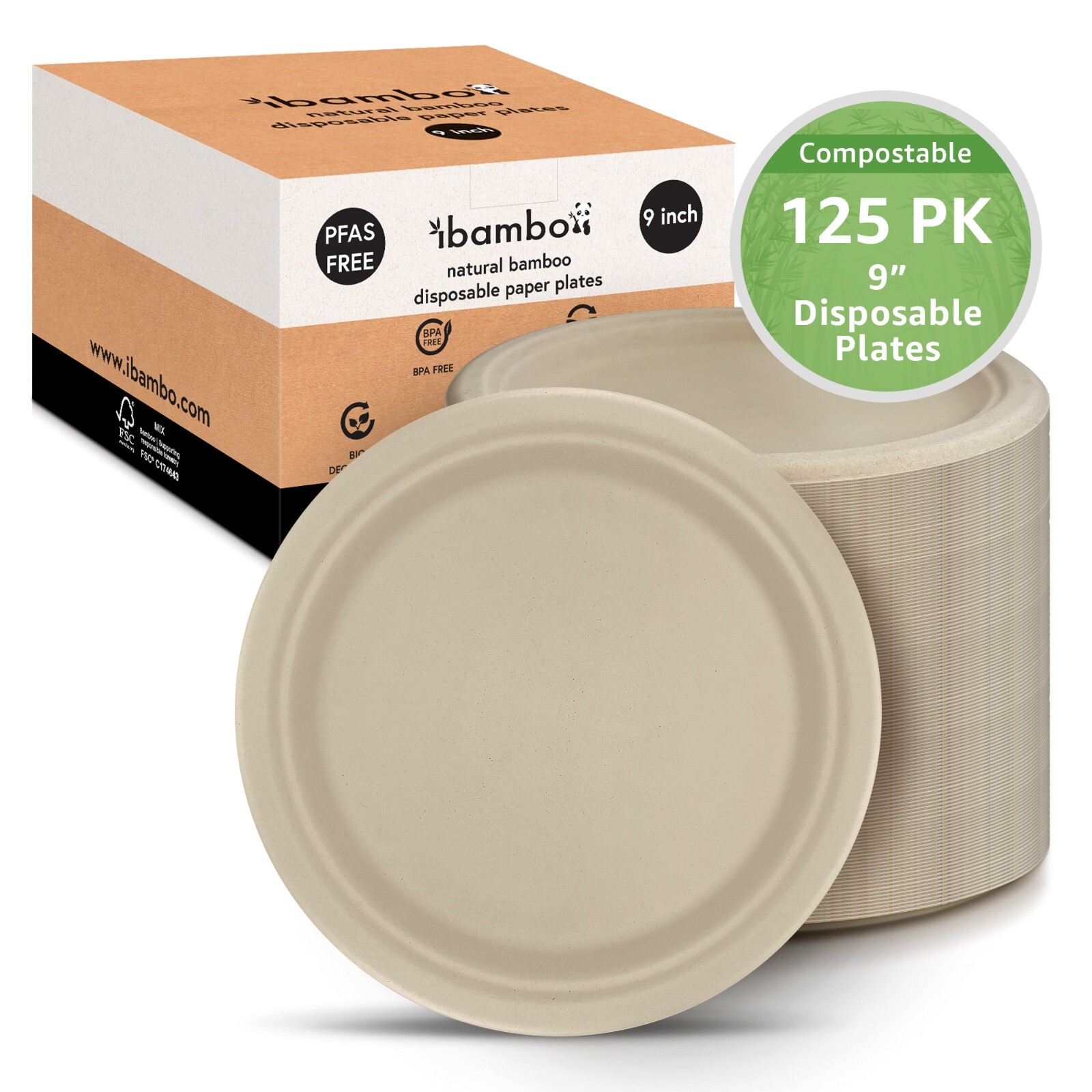 Ibambo Bamboo Disposable Paper Plates - 9 Inch, 125 Pack, Compostable Plates