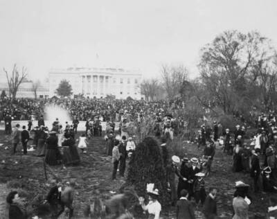 Crowds people participate White House Easter Egg Roll, South Lawn, Old Photo