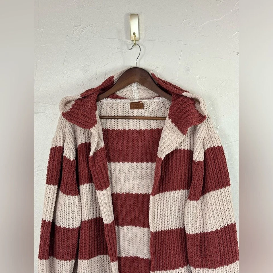 POL Anthropologie Striped Cardigan Sweater Chunky Red Long Hood Jacket Large - Image 4 of 4