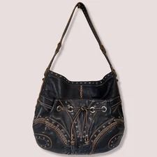 Cole Haan Village Grommet Hobo Embellished Leather Studded Tasseled Black Purse