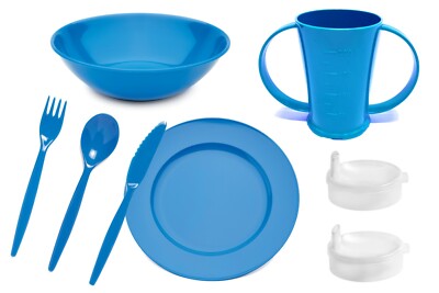 Demenz Essgruppe blau HQ Polycarbonat Teller Schüssel Besteck Becher 8-teilig