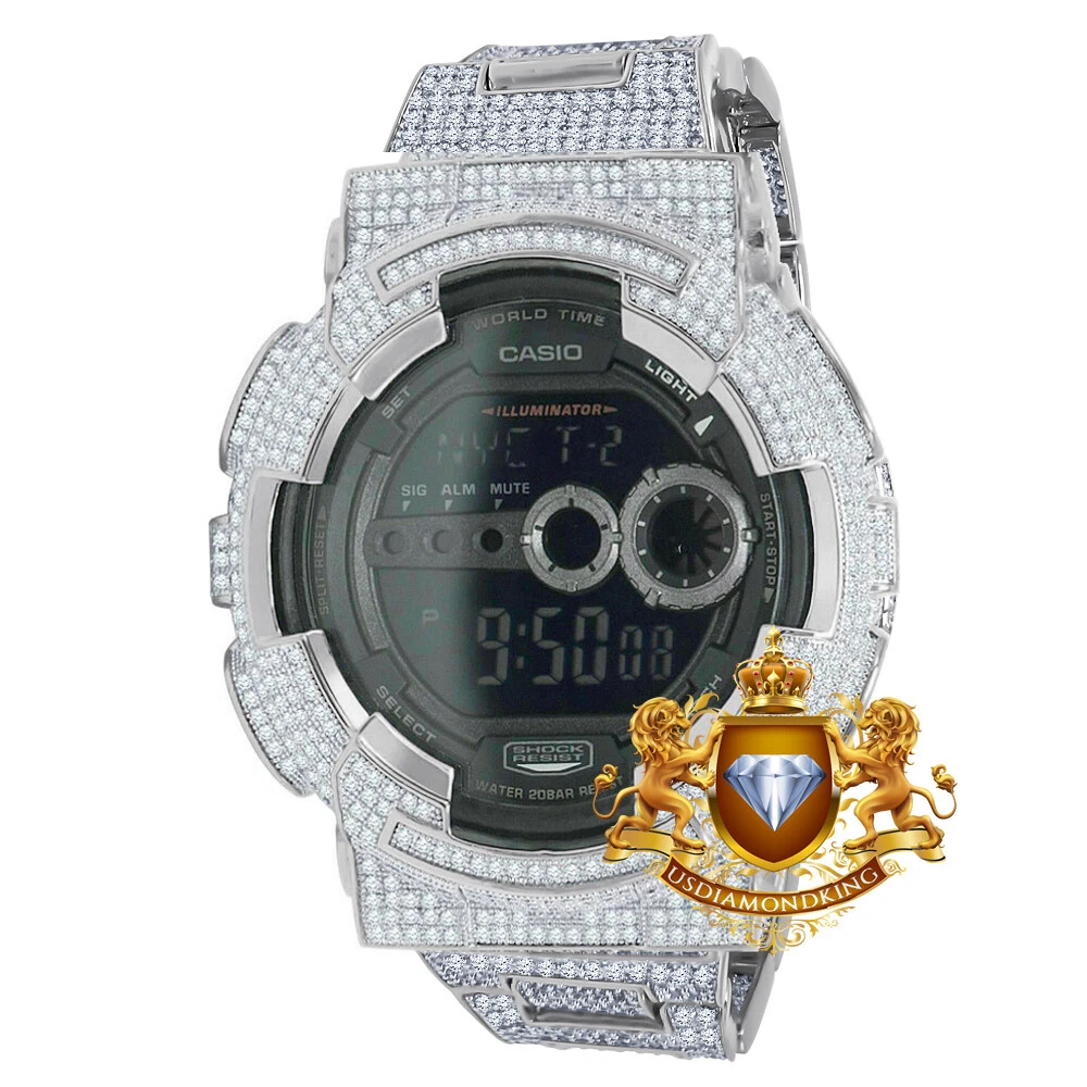 Mens Simulated Diamond White Gold Authentic Casio G Shock GD100 1B