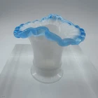 Rare Fenton Opalescent White Double Crimp Aqua Blue Ribbon Crest Mini Vase #37