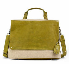 Olivia Harris Green & Beige Foldover Flap Top Handle & Dust Bag Nwt